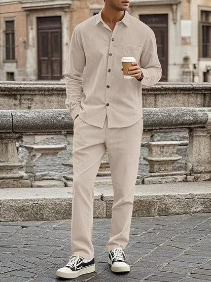 Men's Corduroy Casual Lapel Button Shirt Long Sleeve Pants Set