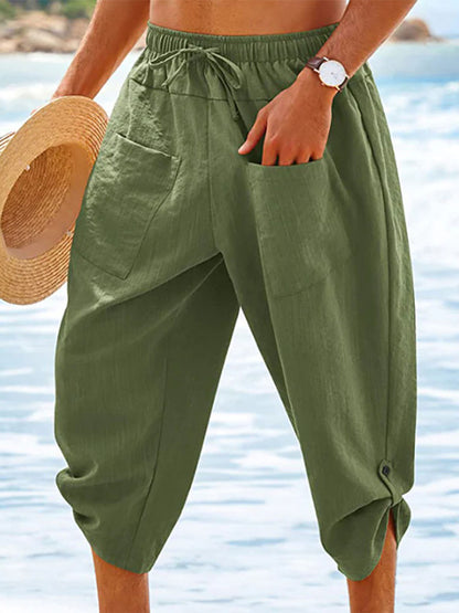 Men's Casual Capri Lace-up Pockets Cotton Linen Pants