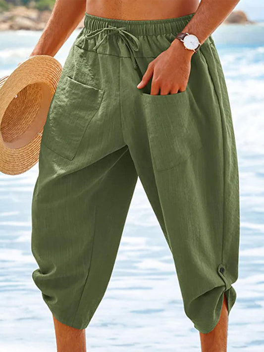 Men's Casual Capri Lace-up Pockets Cotton Linen Pants