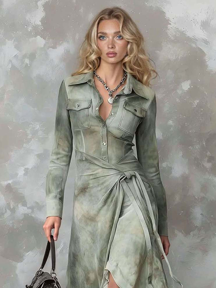 Retro Tie-Dye Print Shirt Collar Maxi Dress