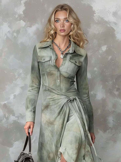 Retro Tie-Dye Print Shirt Collar Maxi Dress