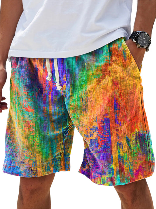 Men's Vintage Rainbow Mottled Print Cotton And Linen Beach Shorts