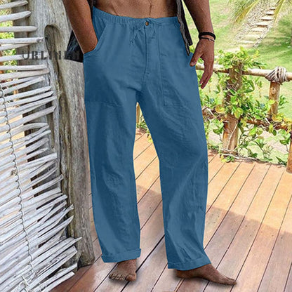 Men's Linen Elastic Waist Drawstring Pocket Loose Casual Pants