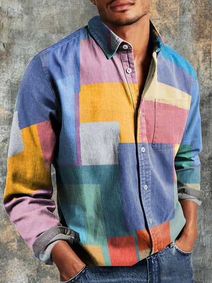 Abstract Art Colorful Geometric Squares Decoration Pattern Casual 100% Cotton Shirt