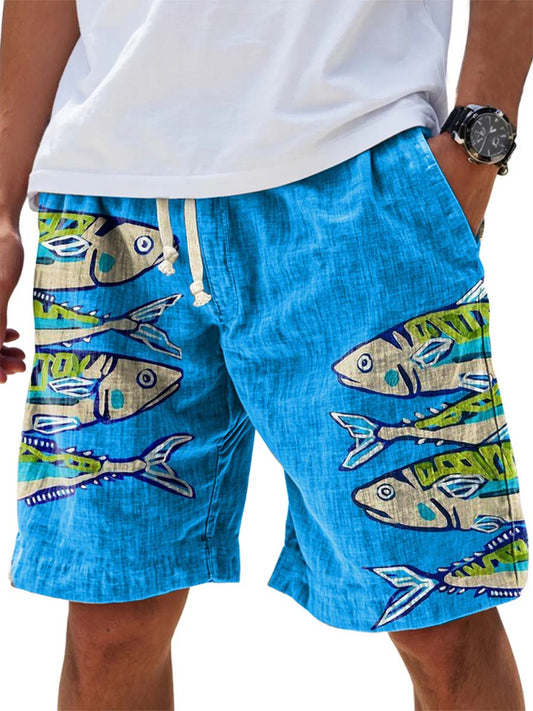 Men's Blue Ocean Sardines Print Cotton And Linen Beach Shorts