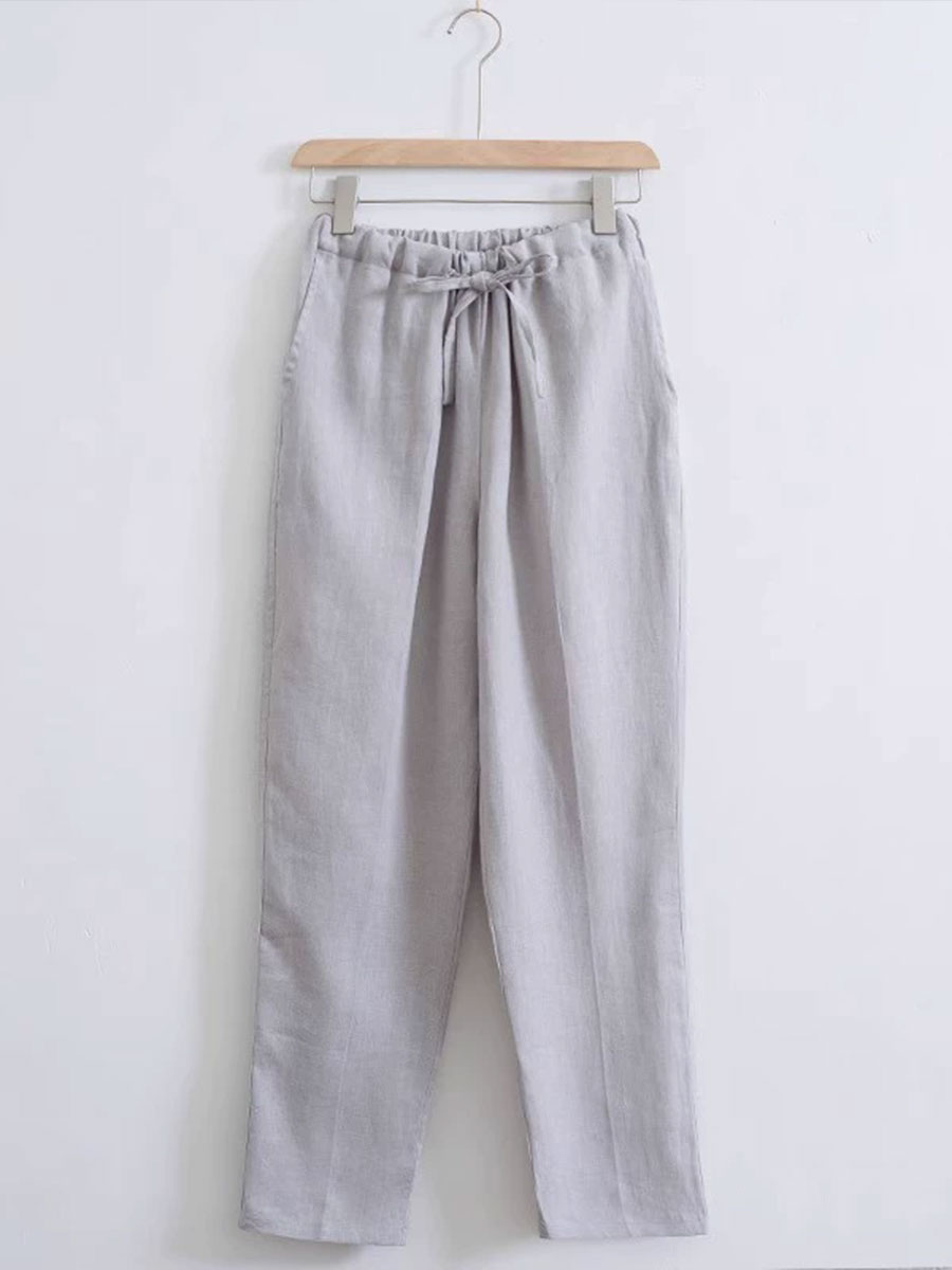 Men's Cotton Linen Plain Elastic Drawstring Waist Wide Leg Pants