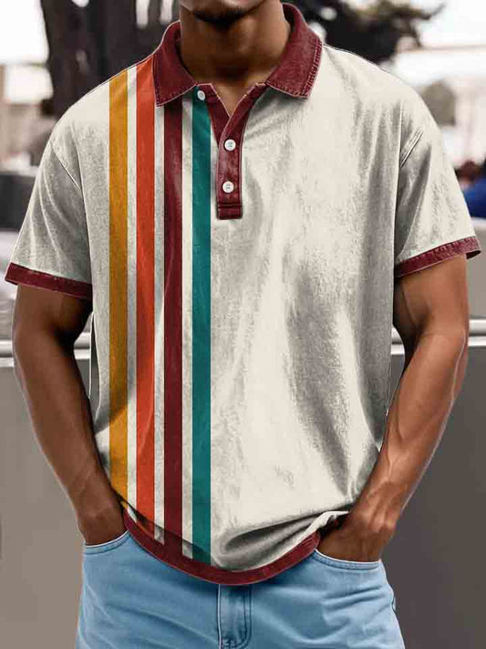 Color Stripes Vintage Print Casual Cotton Polo