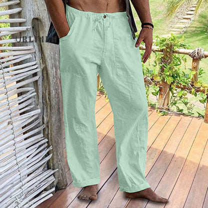 Men's Linen Elastic Waist Drawstring Pocket Loose Casual Pants