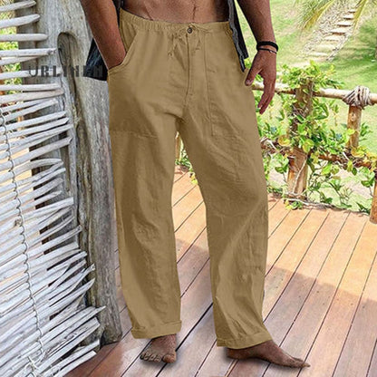 Men's Linen Elastic Waist Drawstring Pocket Loose Casual Pants