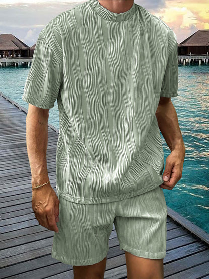 Men's Pleated Two-piece Texture Holiday Casual T-shirt Shorts Set