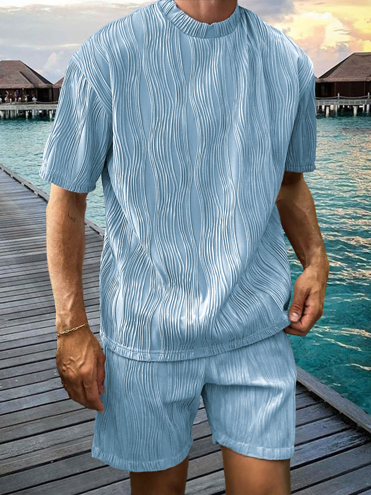 Men's Pleated Two-piece Texture Holiday Casual T-shirt Shorts Set