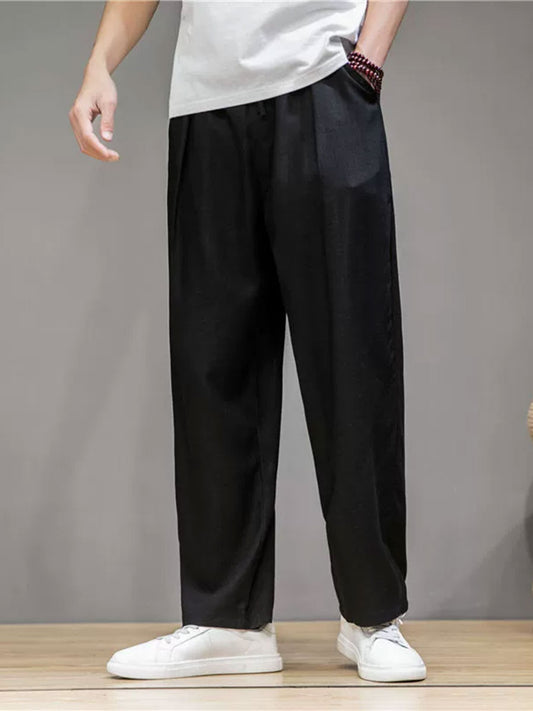Men's Cotton Linen Plain Elastic Drawstring Waist Wide Leg Pants