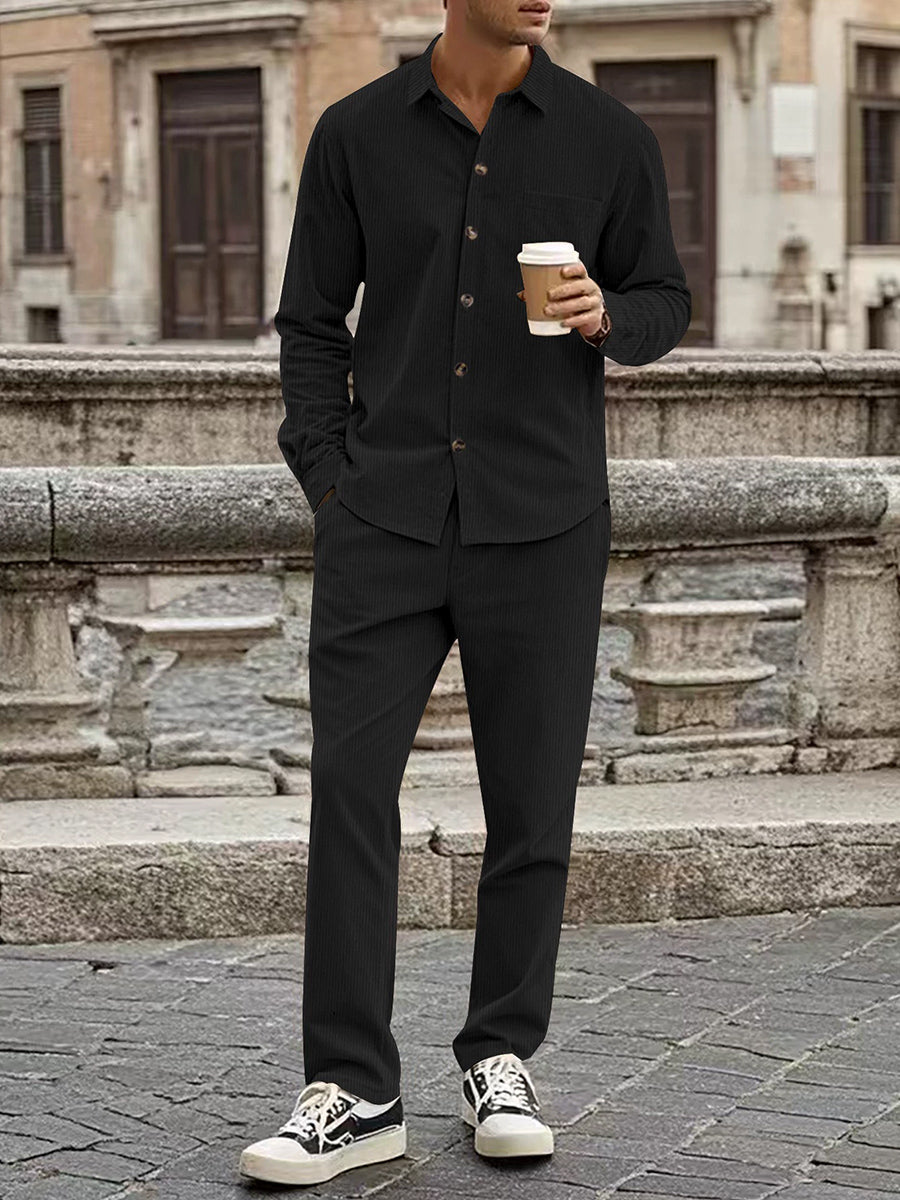 Men's Corduroy Casual Lapel Button Shirt Long Sleeve Pants Set