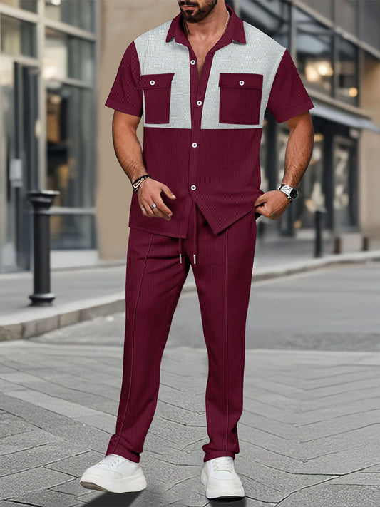 Men's Waffle Button Pockets Colorblock Short Sleeves Shirt and Pants Two-piece Suit