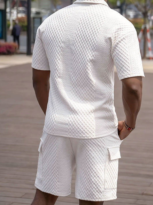 Men's Casual Button-down Lapel Shirt Solid Color Short-sleeved Shorts Suit