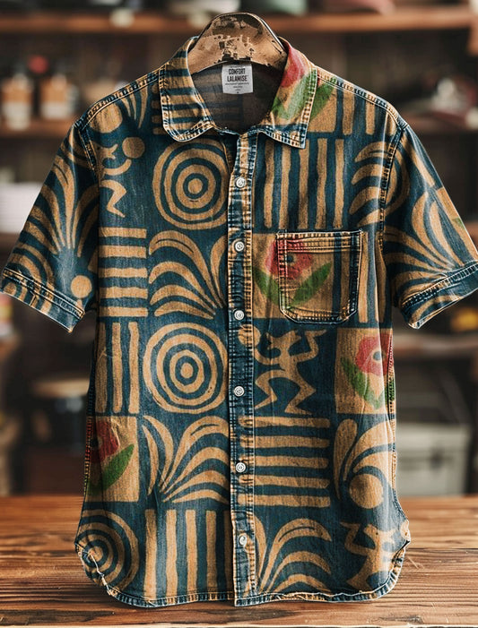 Retro Art Ethnic Floral Pattern Lines Print 100% Cotton Denim Shirt