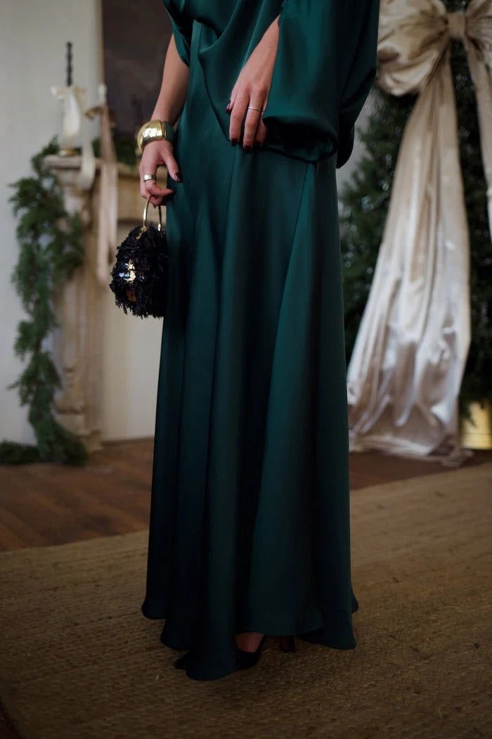 Emerald Satin Draped Off-Shoulder Top & Flowing Maxi Skirt Set