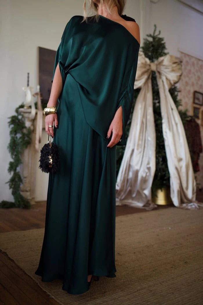 Emerald Satin Draped Off-Shoulder Top & Flowing Maxi Skirt Set