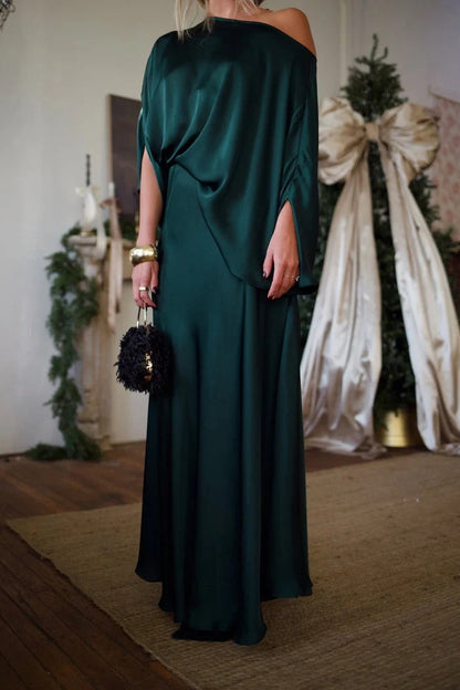 Emerald Satin Draped Off-Shoulder Top & Flowing Maxi Skirt Set